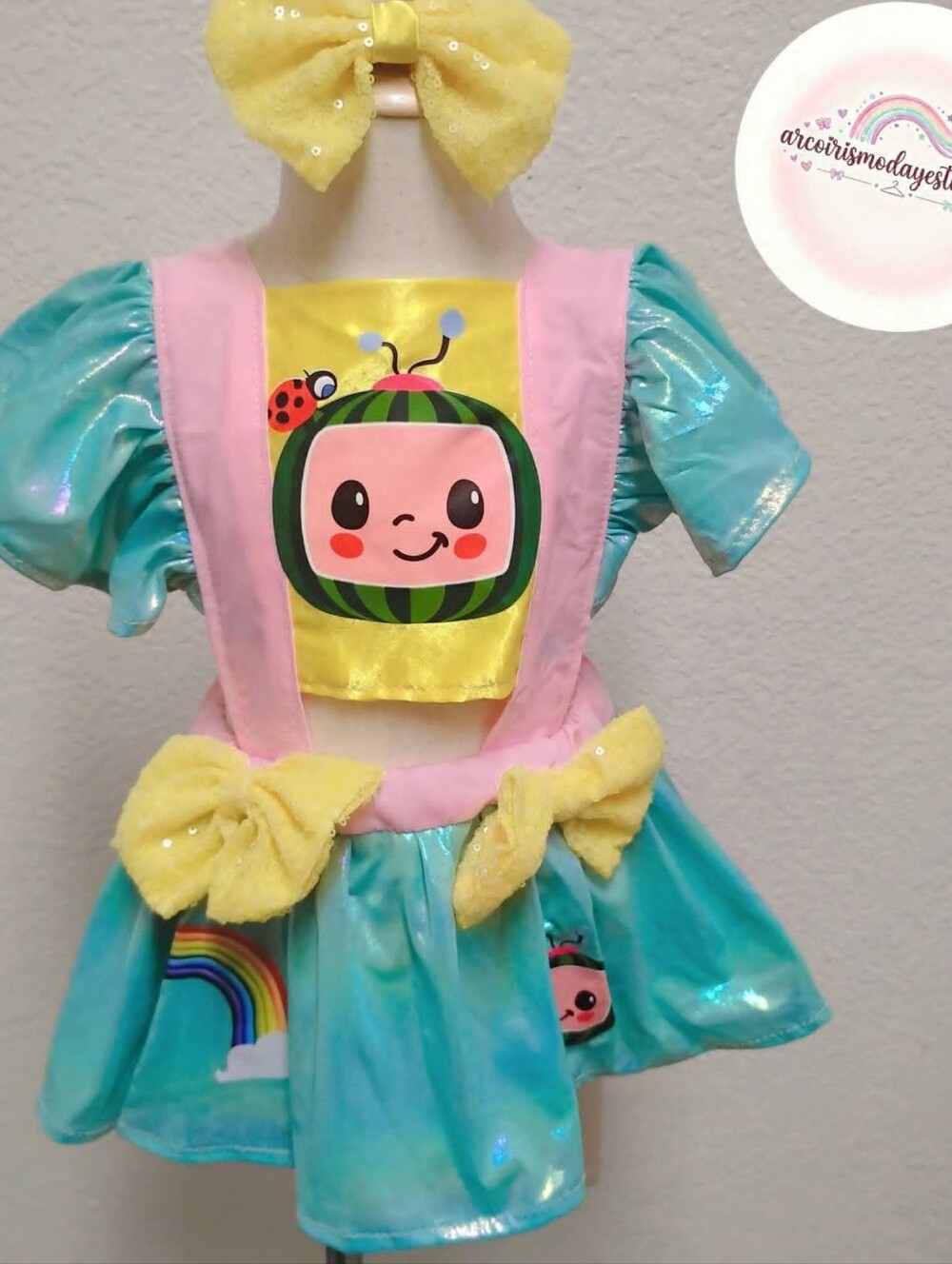 Kids Teal & Pink Cartoon Character Costume Dress with Yellow Bows